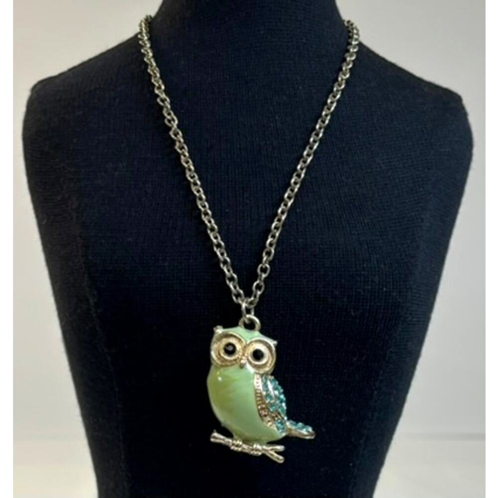 Green Enamel Owl Pendant Necklace Gold Tone Blue Rhinestones Black Eyes 24"